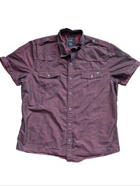 Guess Mens Wine Purple Black Short Sleeve Button Down Utility Shirt Size XL